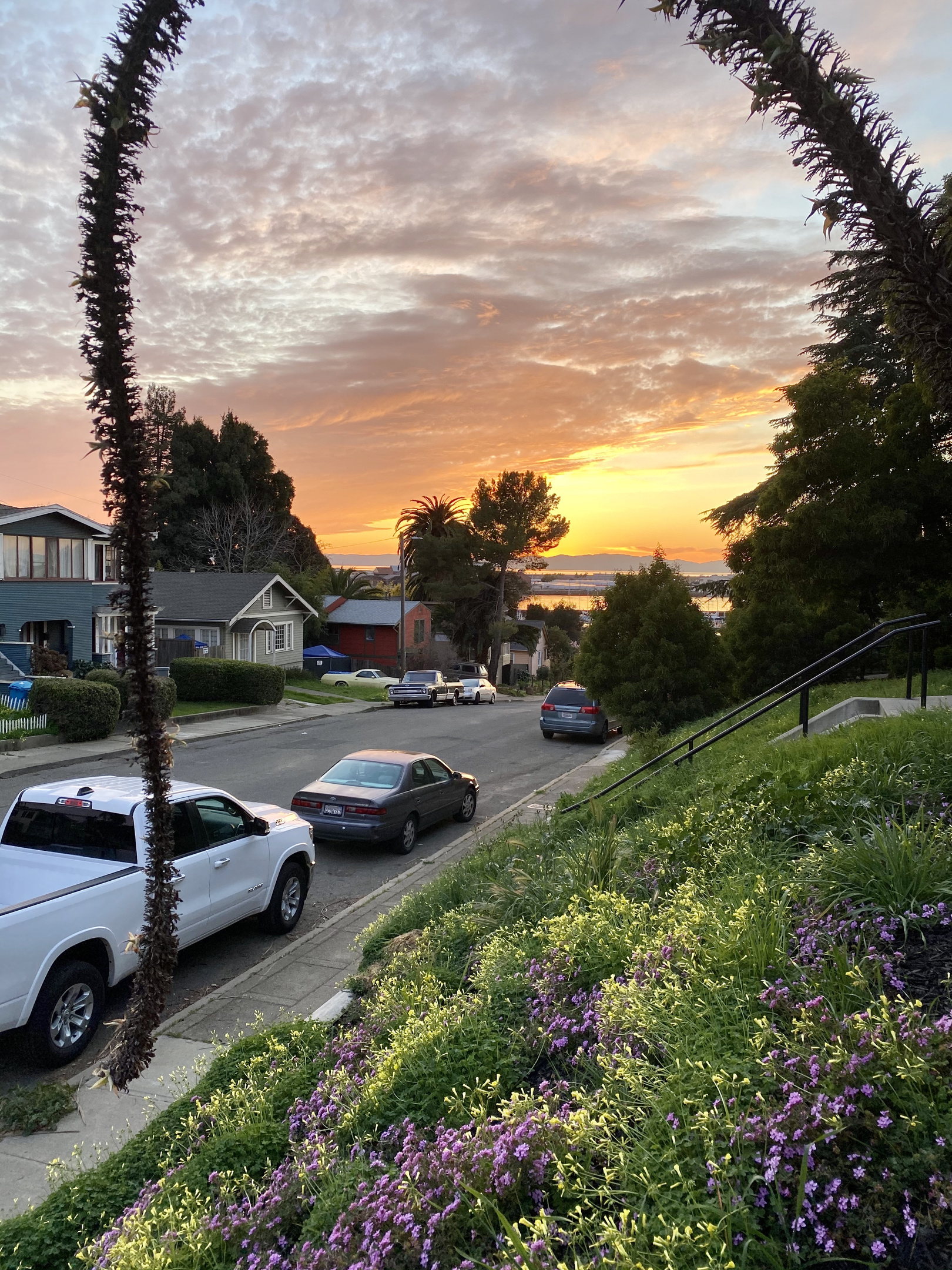 Front of the property with sunset over Napa River and the Bay
