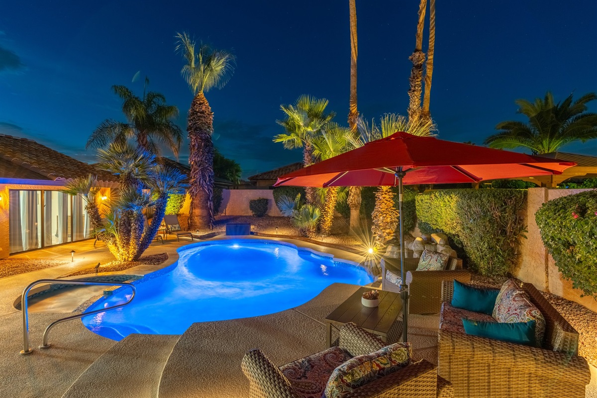 Day or night, our backyard is sure to please. Take a dip under the stars, or crank up the spa and relax in the soothing heat and bubbles.