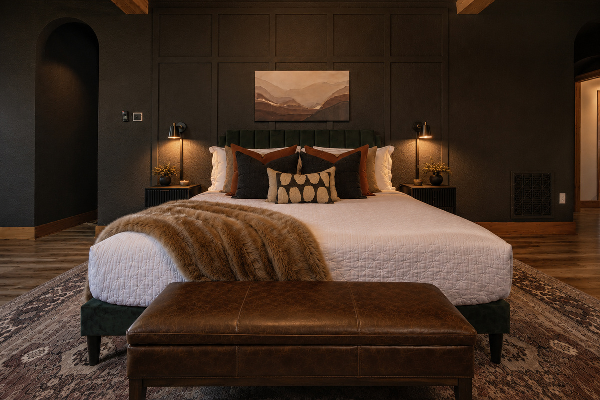 {Master Bedroom} Retreat to a spacious king suite with dramatic wood beams, mountain views, plush layered bedding, and a private ensuite spa bath designed for a relaxing end to the day.
