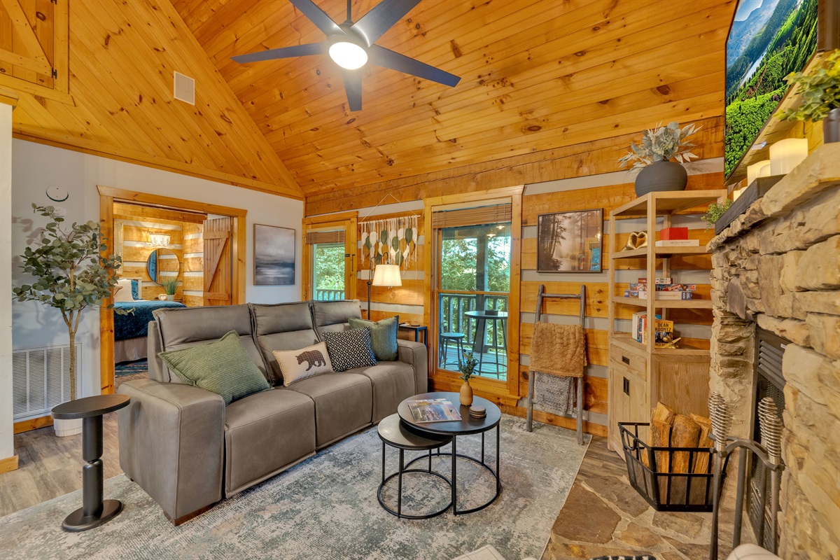 Rustic log cabin charm meets modern comfort in a space that feels like home the moment you walk in