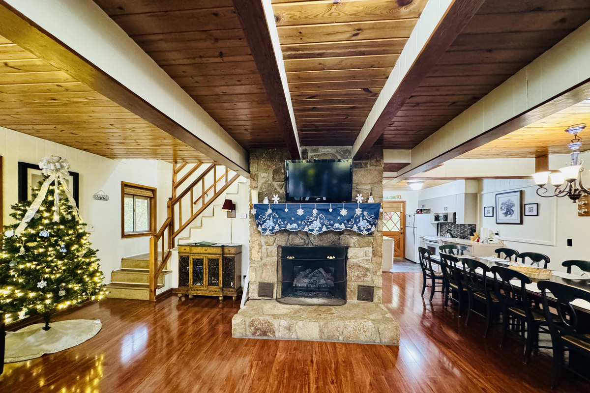 Christmas Fireplace & Dining Room with View