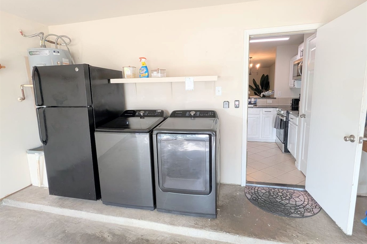 "Free and clear" laundry soap pods, stain treatment, and dryer sheets provided for guest use. 