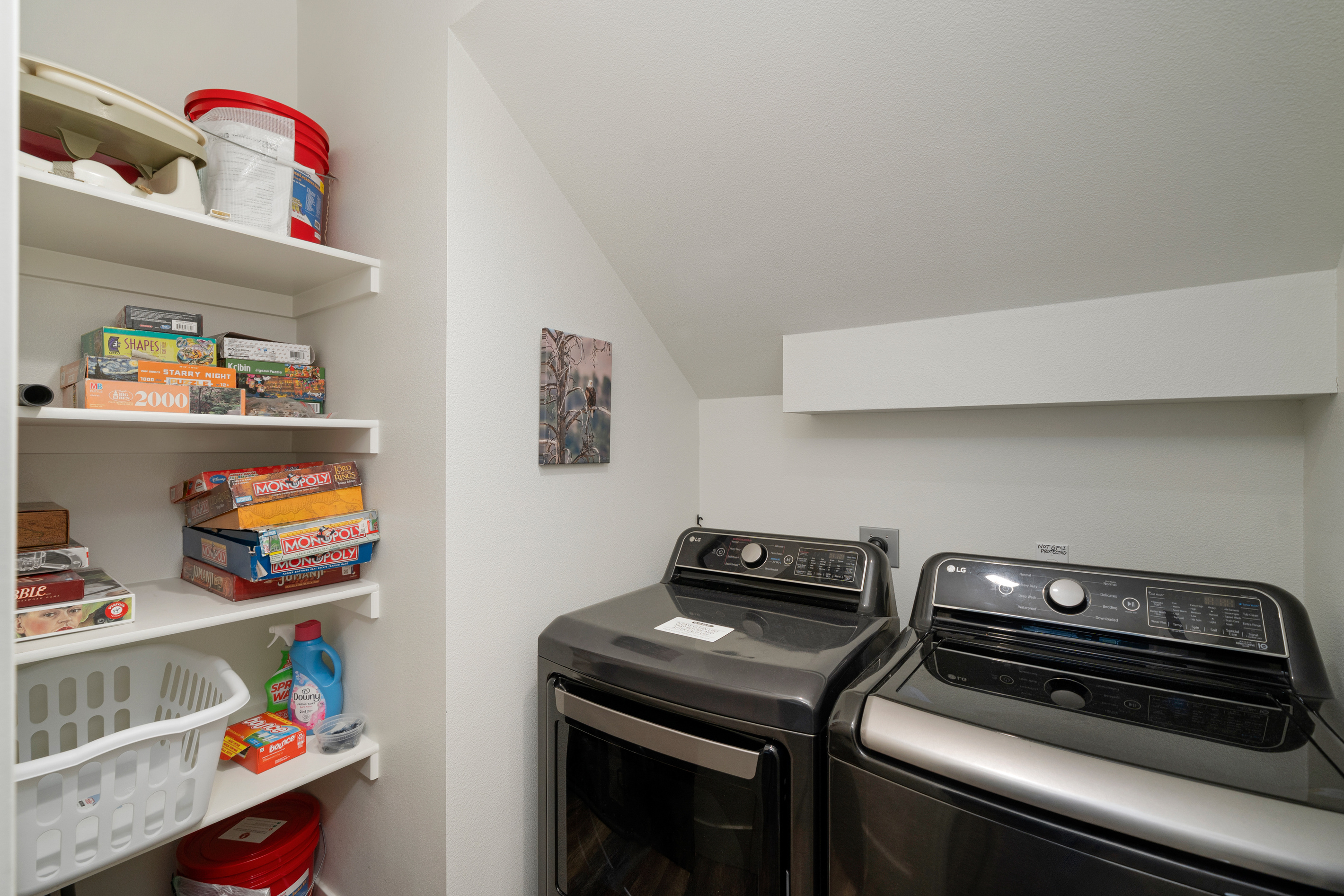 Board games and a full-size washer/dryer — because rainy mountain days call for both.