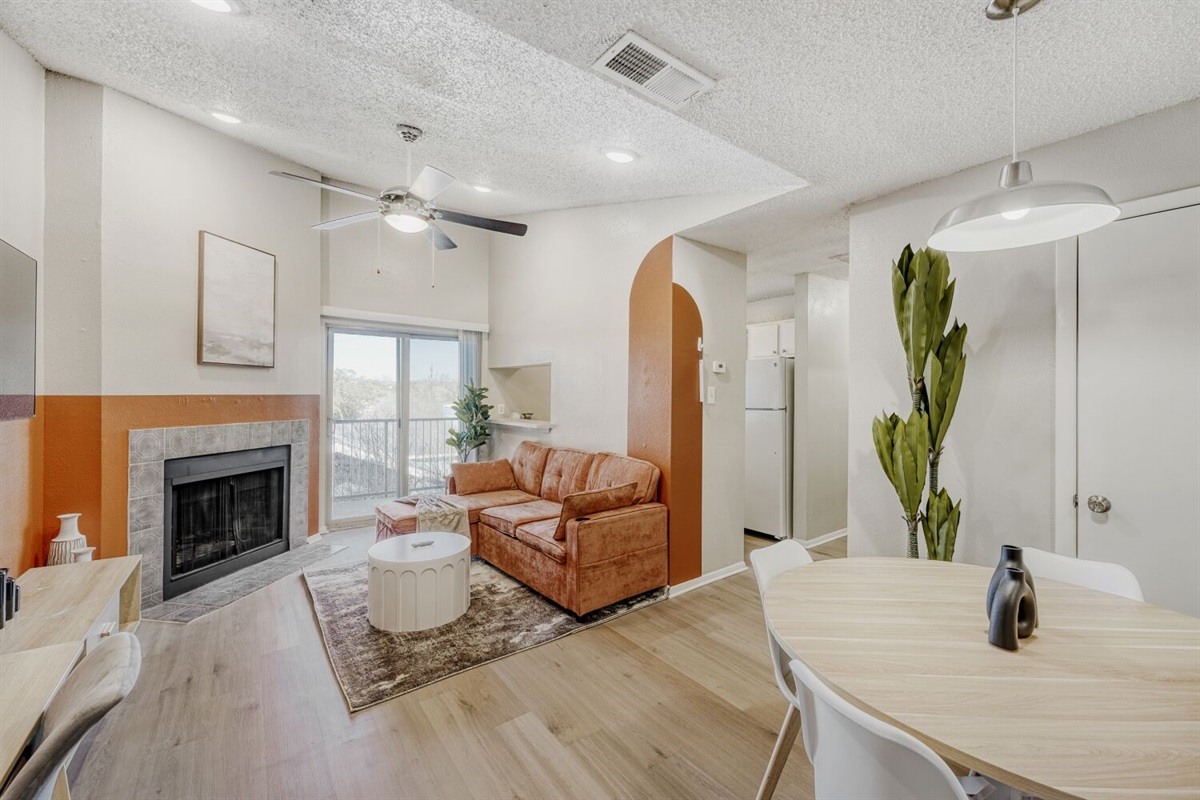 Cozy modern living with warm tones and natural light.