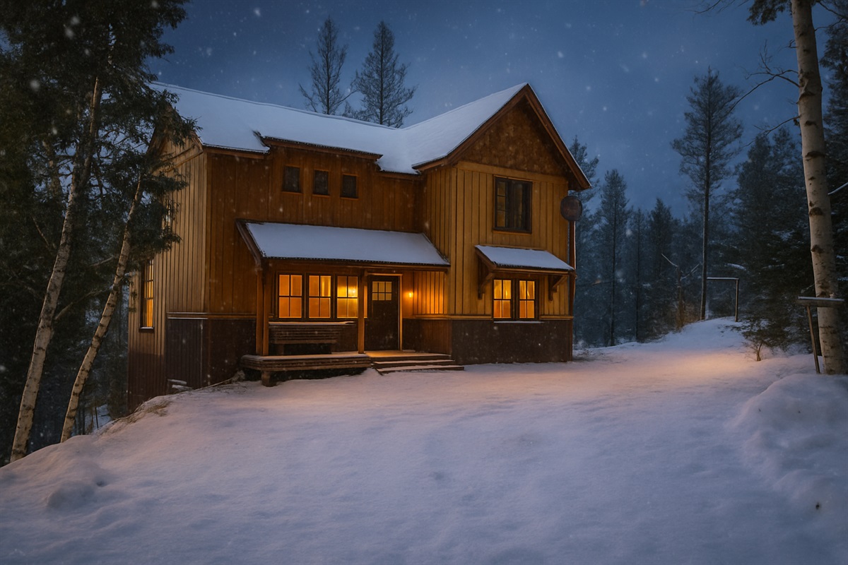 Warm lights glow through the windows of this rustic cabin, creating a cozy welcome after a snowy day on the slopes.