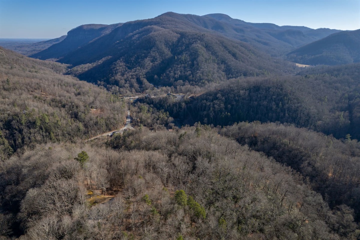 Upper drone view of where the cabin is nestled in the Blue Ridge Mountains