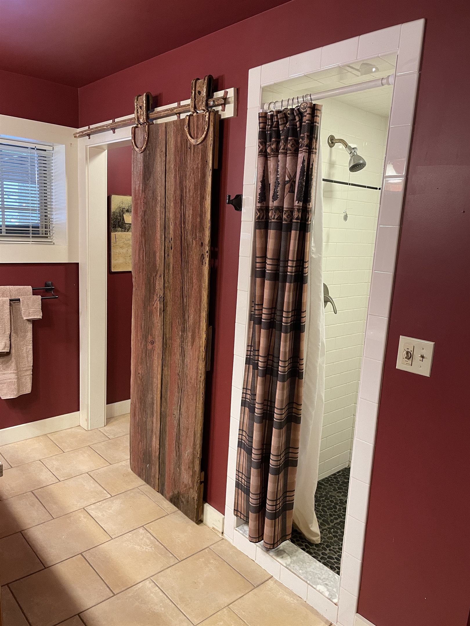 Shower and sliding barn door for toilet