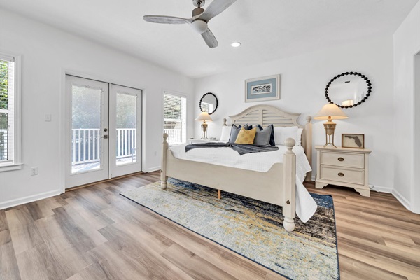 Quiet downstairs primary bedroom with private balcony and ensuite bath