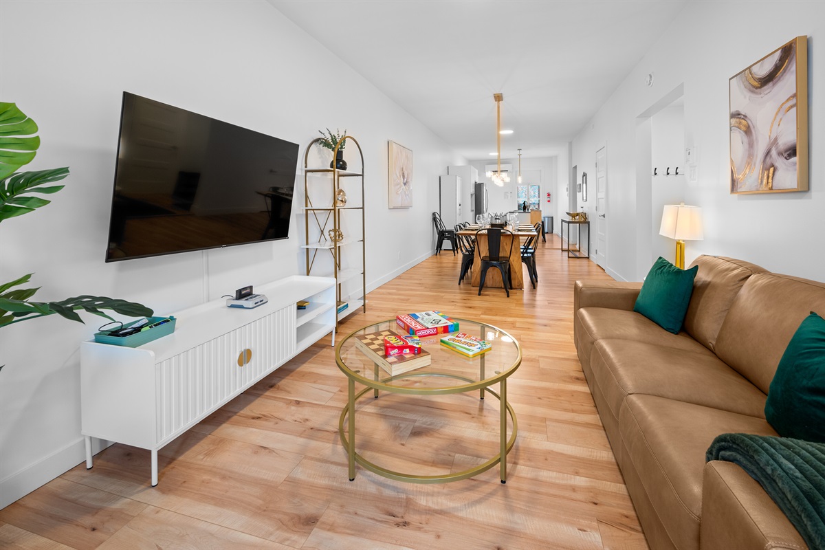 Spacious living room with smart TV for movie nights