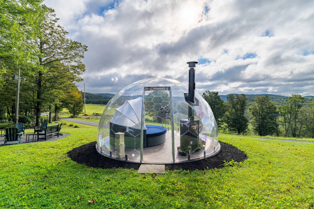 🔭 The stargazing dome — high-density polymer, wind-tunnel tested, and the first of its kind in the region. Wood stove inside for cold nights.