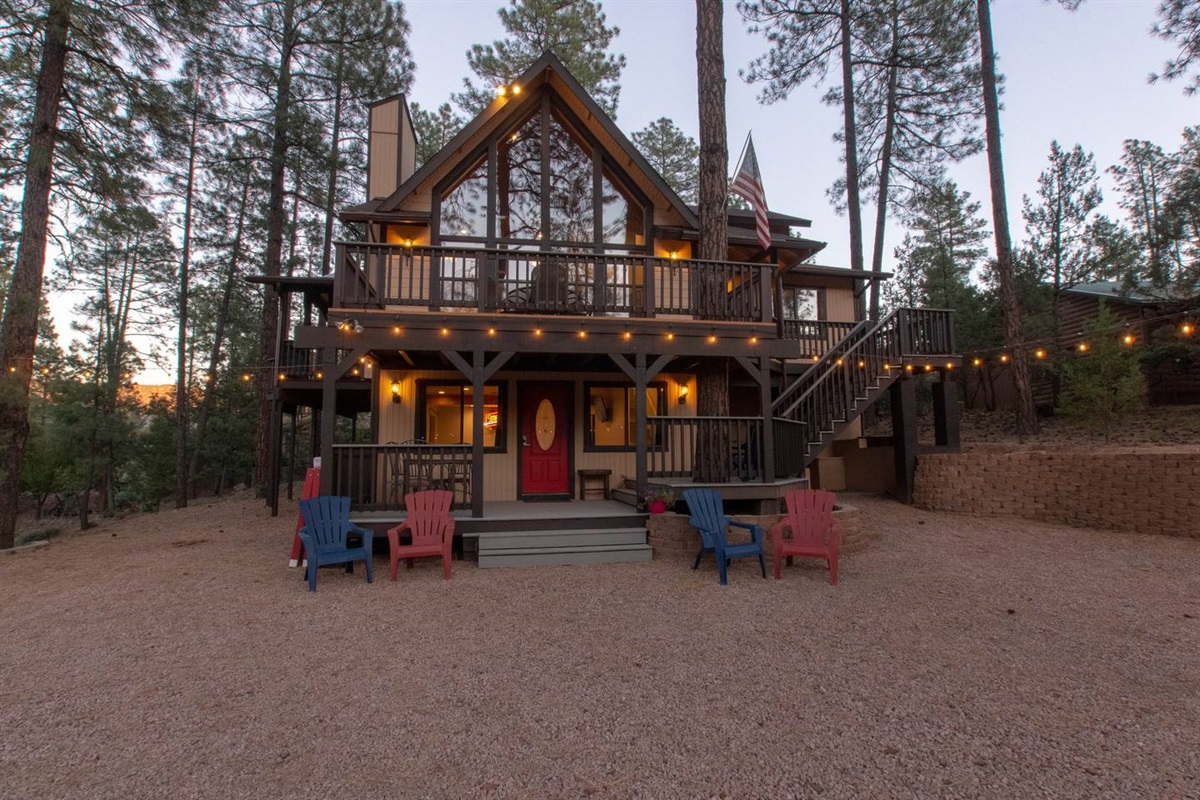 Twinkle lights throughout the play and parking area