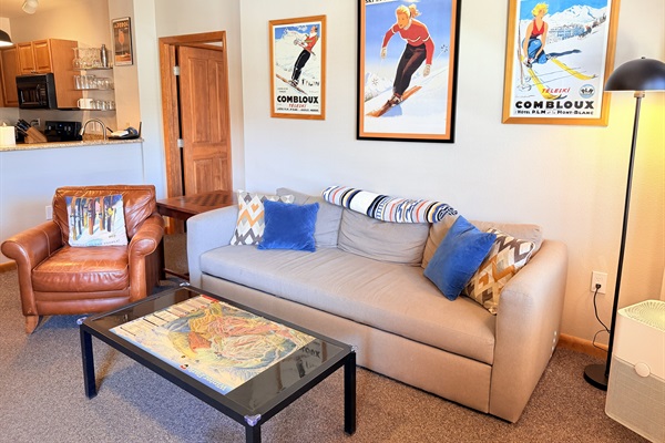 Large Couch and Coffee Table with Trail Map