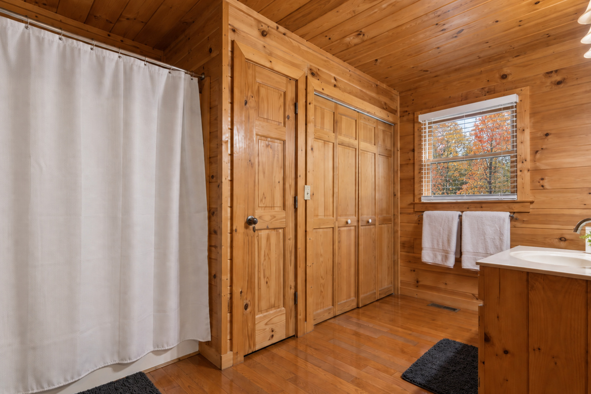 Rustic charm and cozy details make every shower feel inviting.