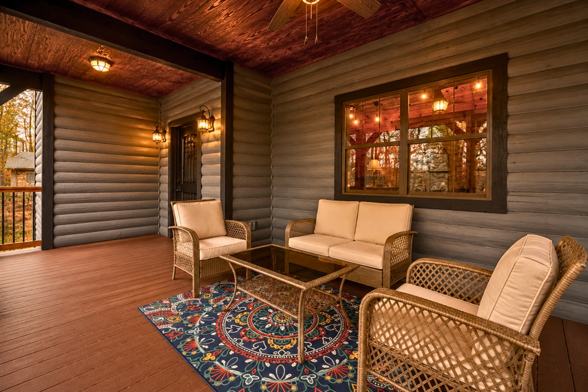 Fresh mountain air and peaceful wooded surroundings make this outdoor sitting area especially relaxing throughout the day.