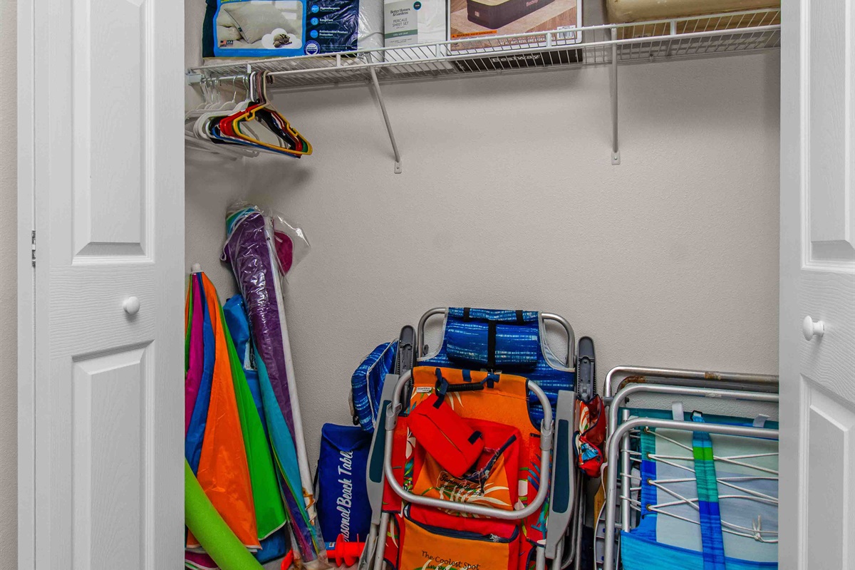 Beach gear stored in the closet