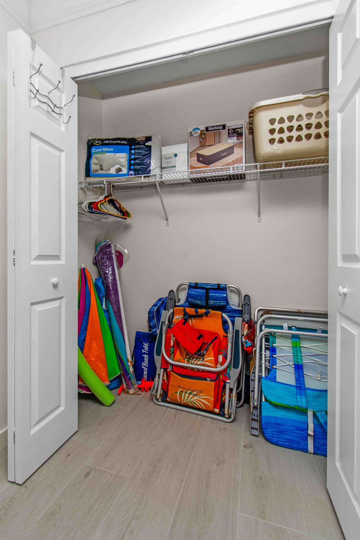 Beach gear stored in the closet