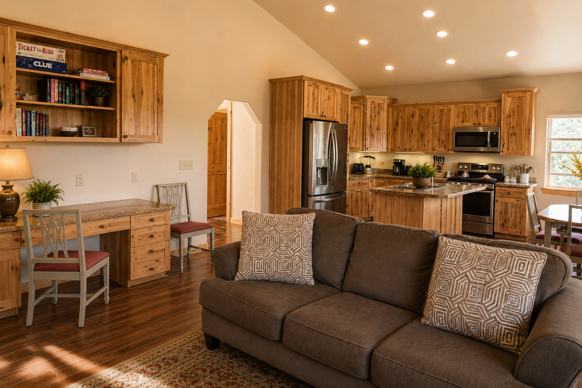 The bedroom and bathroom are located at the front of the house; otherwise, it's all one great open-concept living space.
