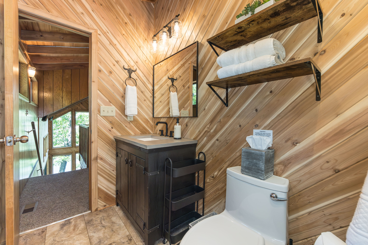 Additional towels are located inside the vanity.