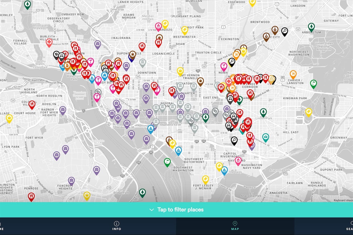 Digital Guidebook: Interactive Map of Local Attractions. Home Marked in Blue.