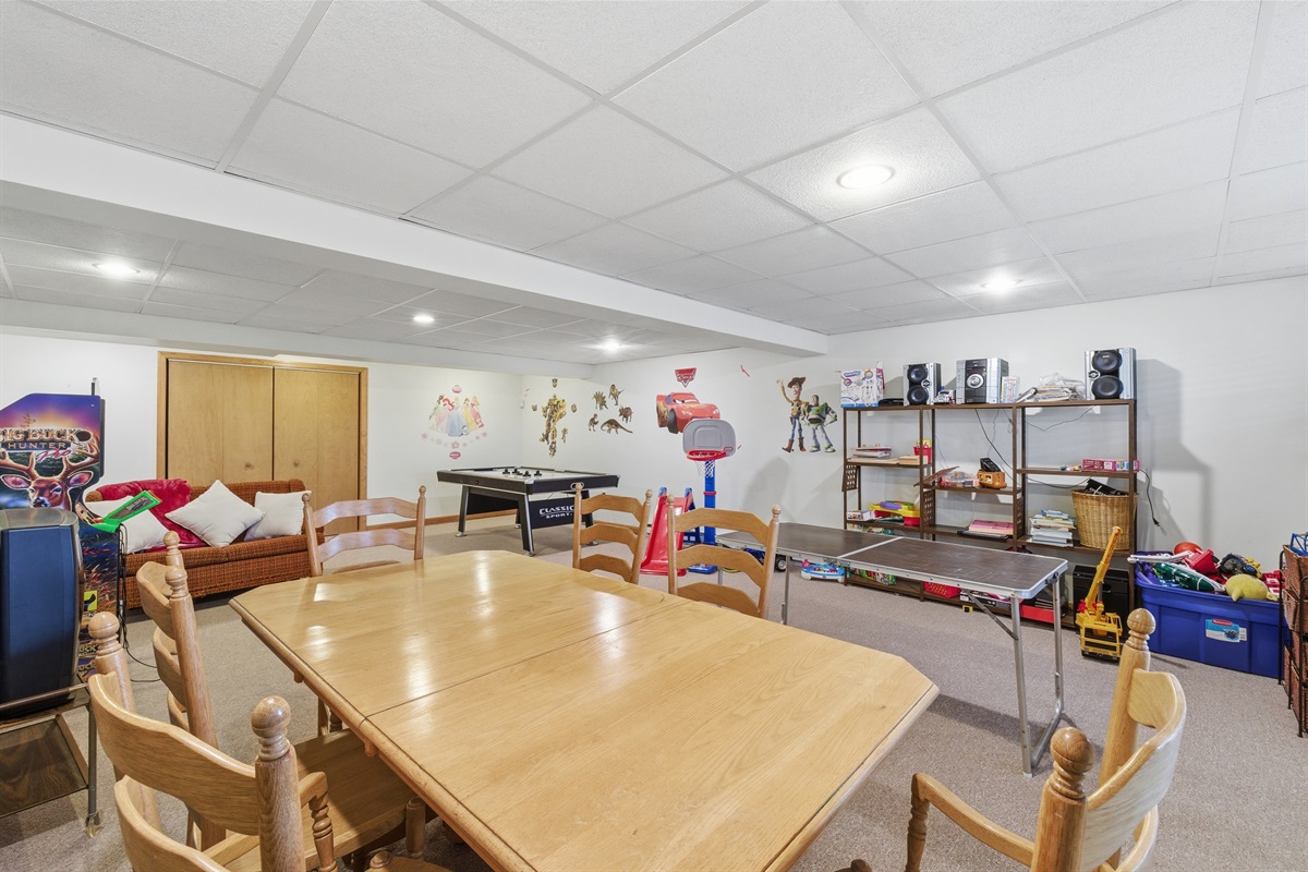 Playroom for kids and adults.  Air hockey, stereo system, toys, arcade, seating area.