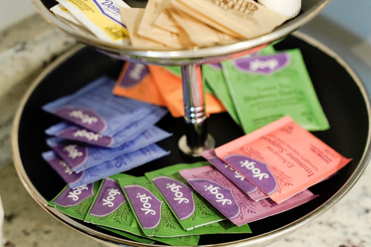 Enjoy a warm cup anytime with our stocked coffee, creamer, sugar, and tea selection