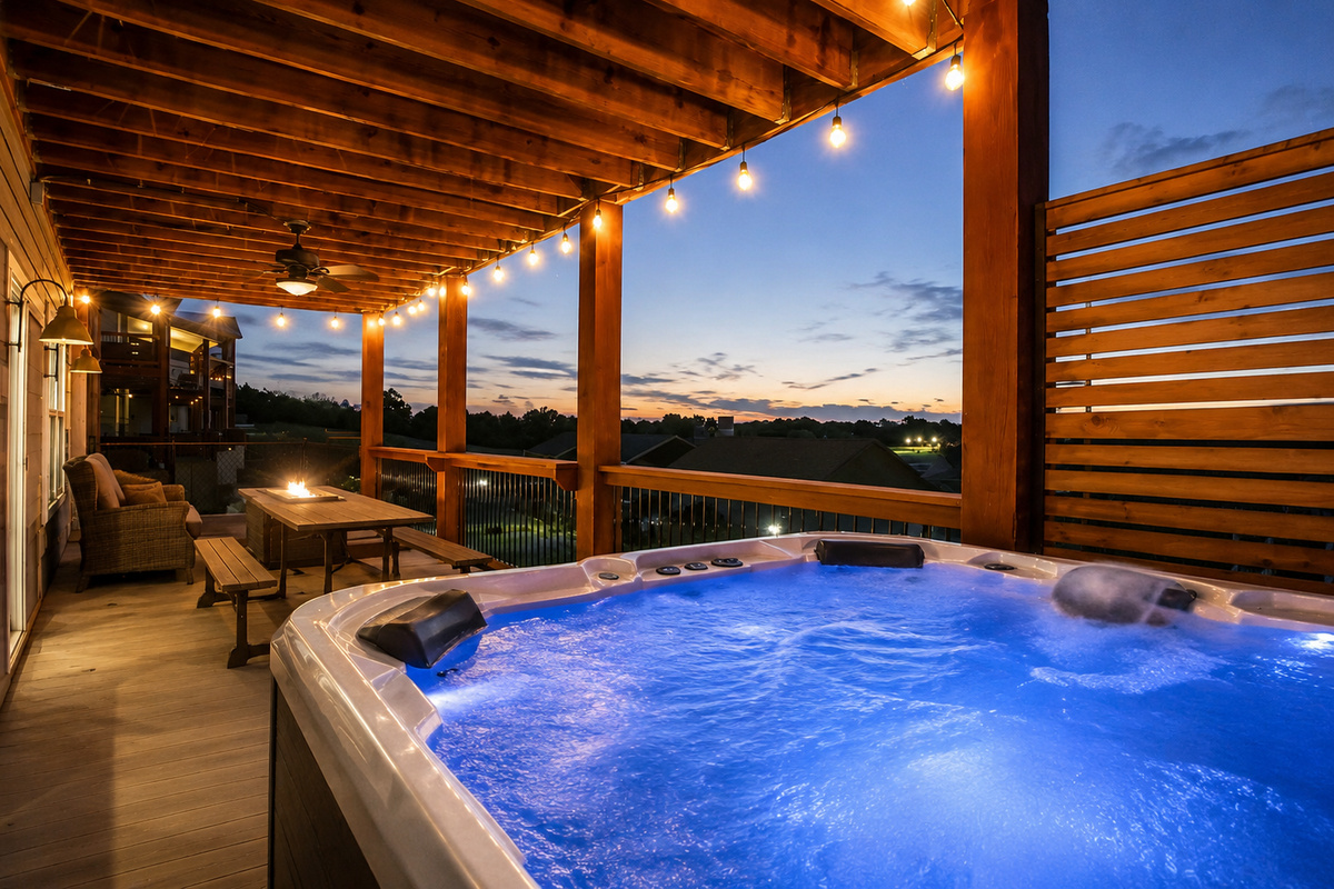 Outdoor dining and a cozy fireplace—the perfect gathering space.