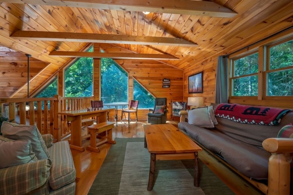 Upstairs loft area with queen futon sleeper, sitting area and  flat screen tv.