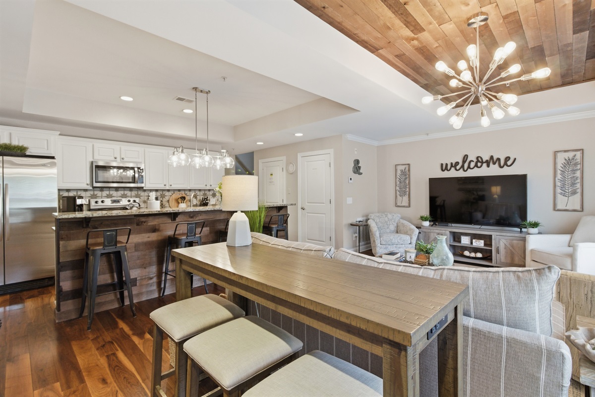 Modern kitchen with an open view of the living area.
