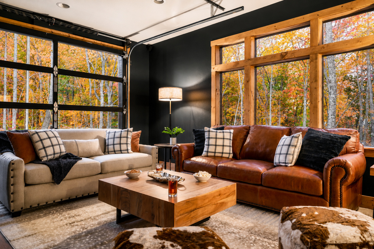 Theater room includes a queen sofa bed (garage door cannot be covered to block light, FYI)