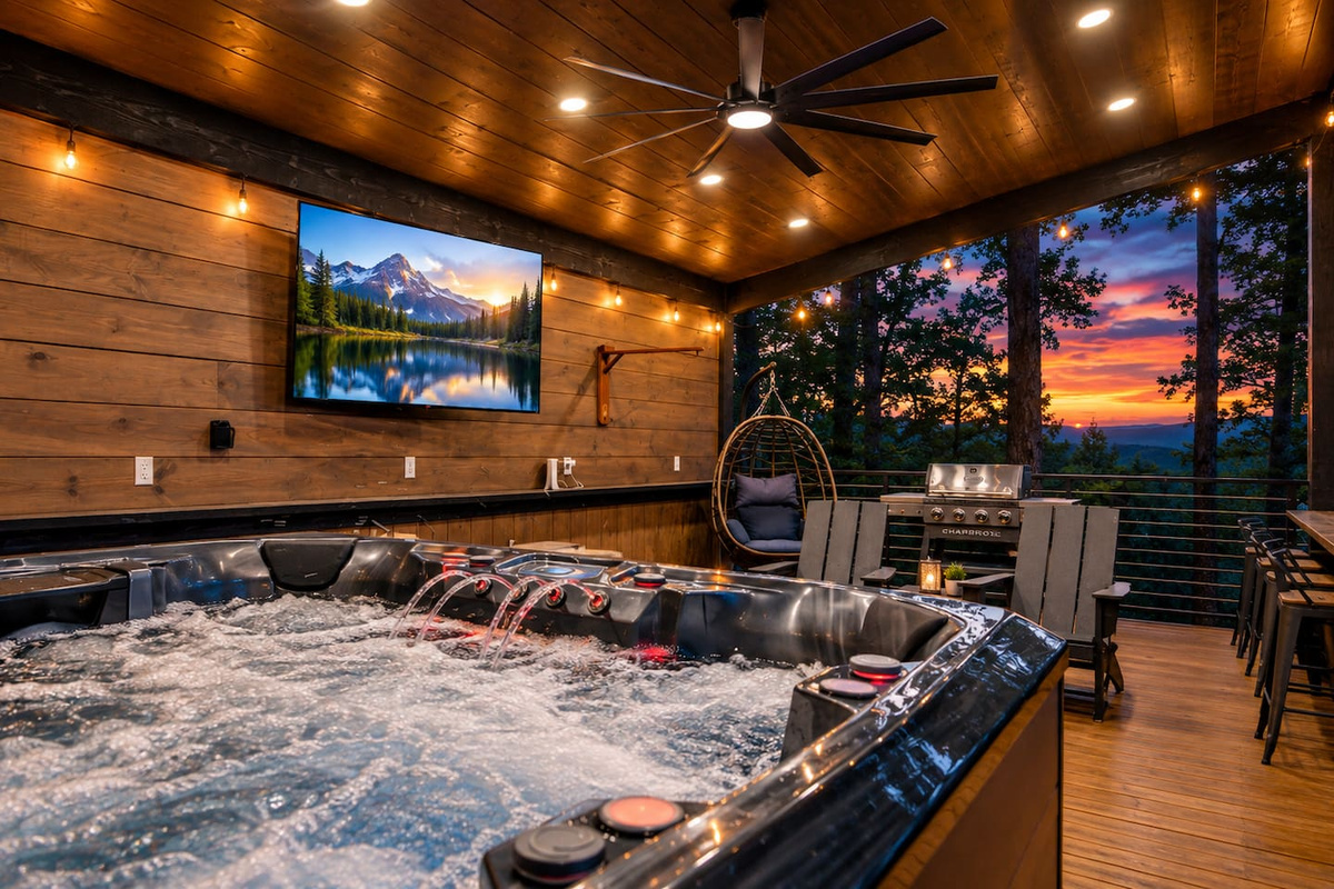 Private hot-tub gazebo with a grill, bar seating, TV and hanging chair beside the playground and fire pit.