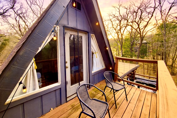Balcony off Upstairs Bedroom Overlooking the Deck, Fire Pit, and Woods