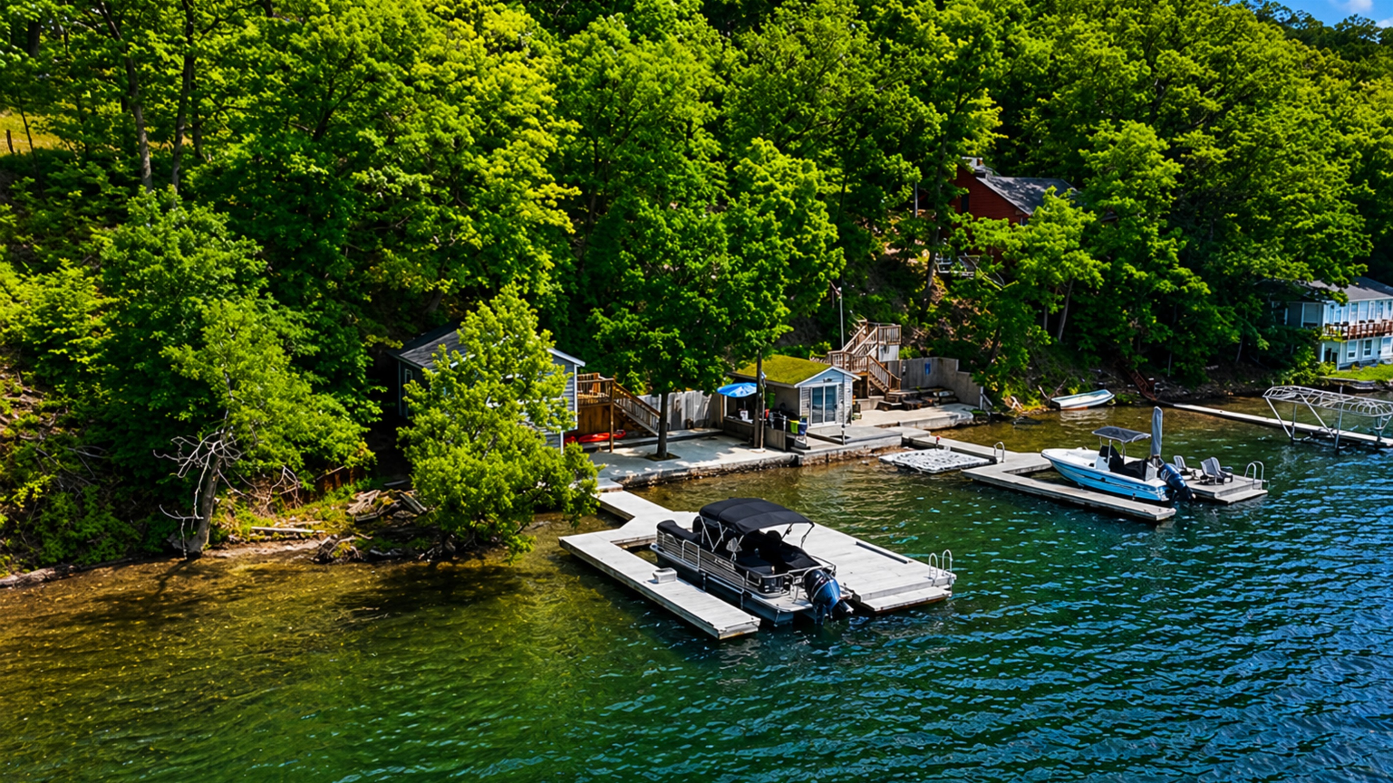 Private lakefront wiith dock, and wooded serenity—ideal for swimming and relaxing 🌊🚤🌲