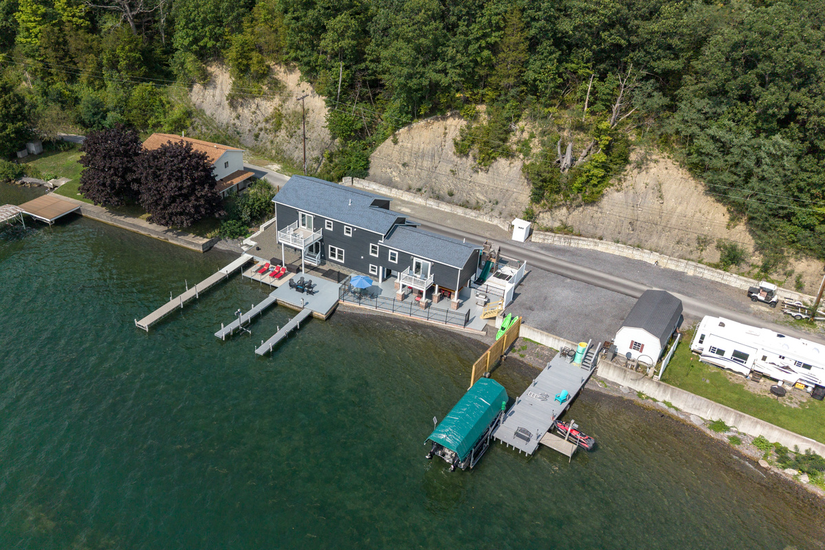 Angled aerial view of the waterfront property