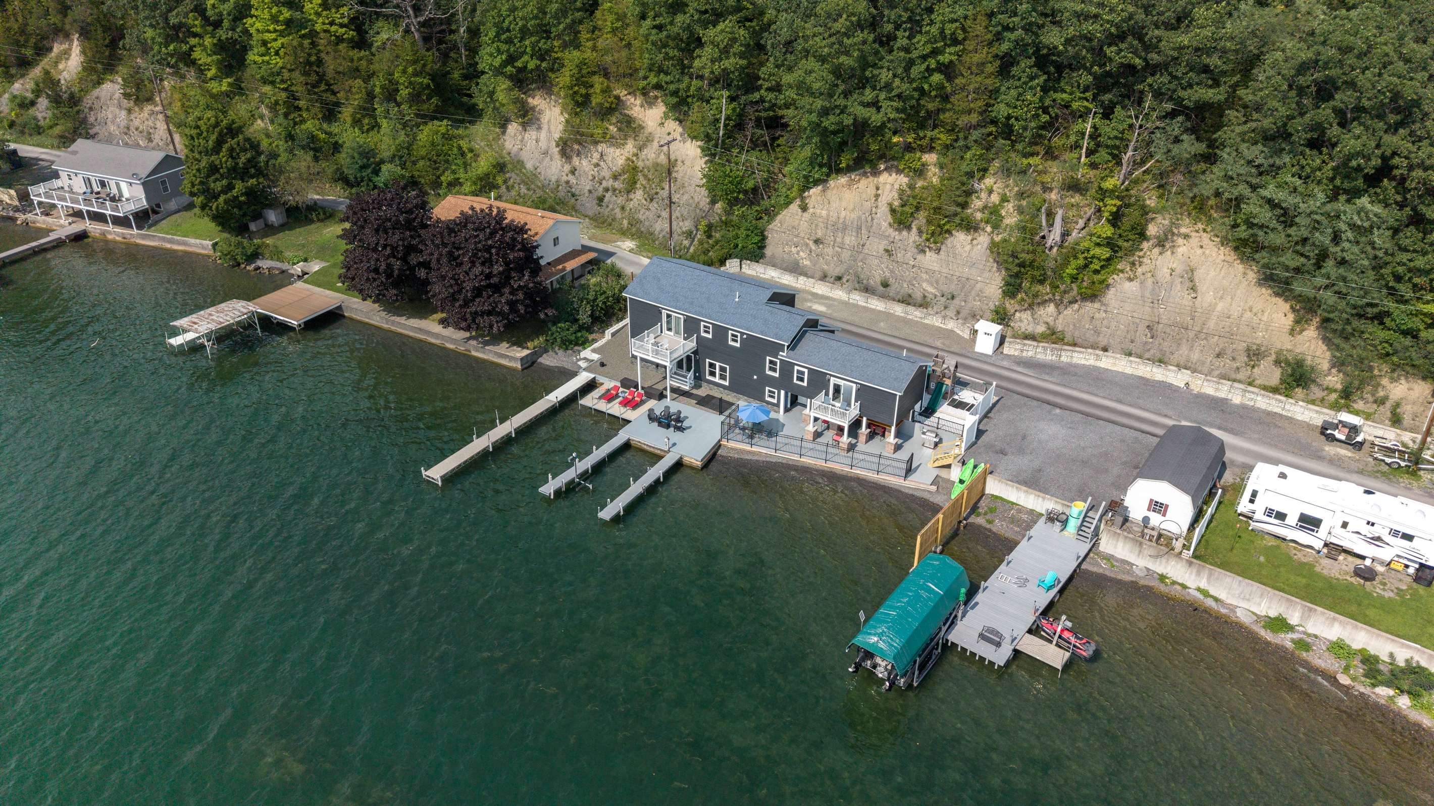 Angled aerial view of the waterfront property