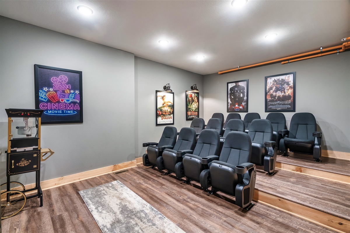 Seating for 13 in the private theater and a vintage popcorn machine!