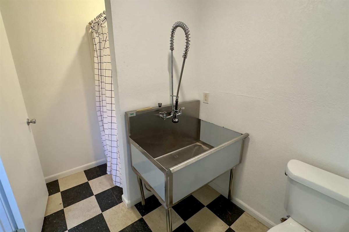 A toilet and shower with a modern grid-pattern curtain make this space multi-purpose and practical.
