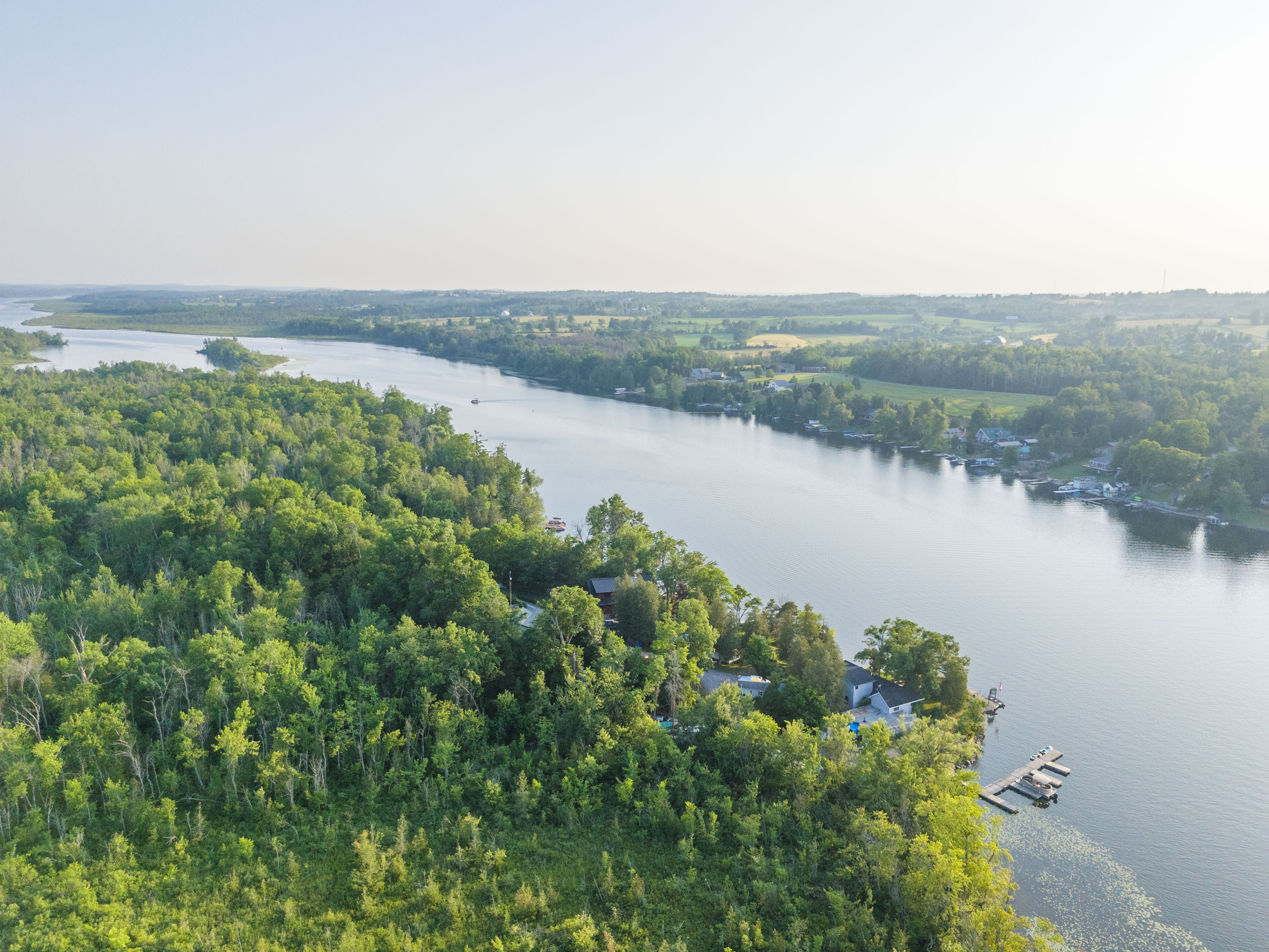 Scenic aerial view of the forested Trent Hills waterfront