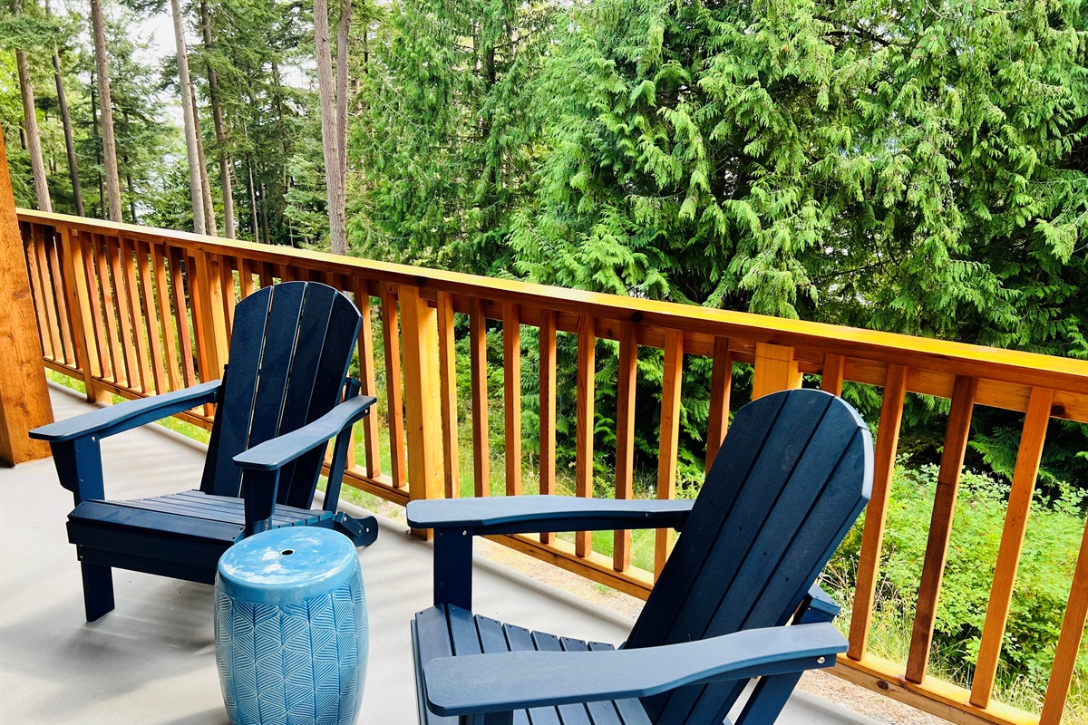 Enjoy the sounds of nature with morning tea on these Adirondack chairs on deck off primary bedroom.