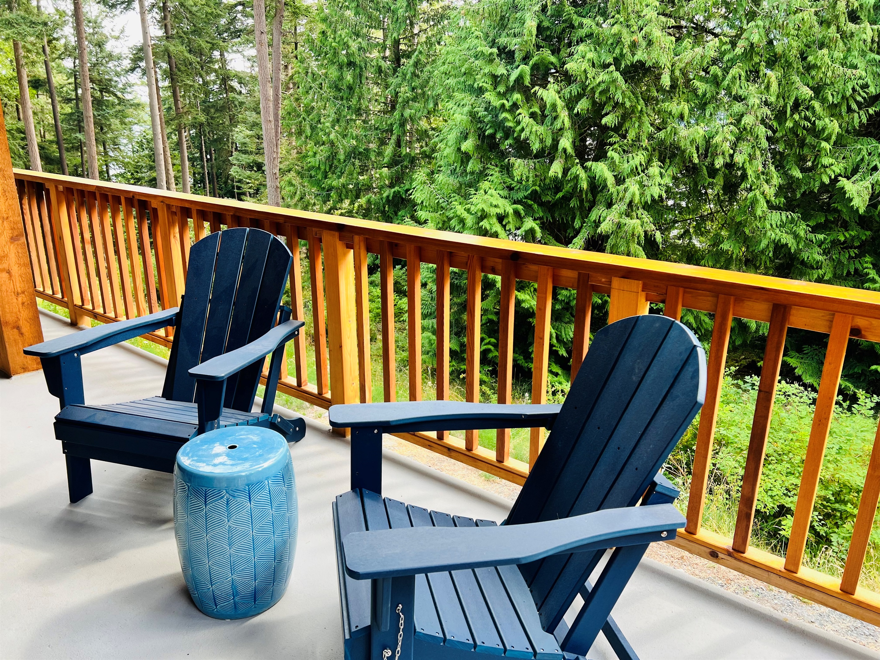 Enjoy the sounds of nature with morning tea on these Adirondack chairs on deck off primary bedroom.