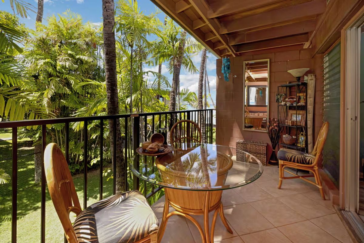 Lanai with garden and partial ocean view