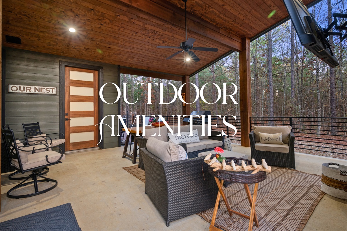 The covered outdoor living area creates a natural extension of the interior, perfect for relaxing outside.