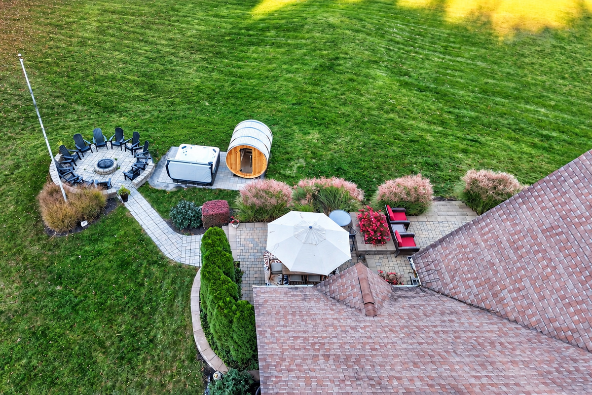 Overhead view of the landscaped outdoor area