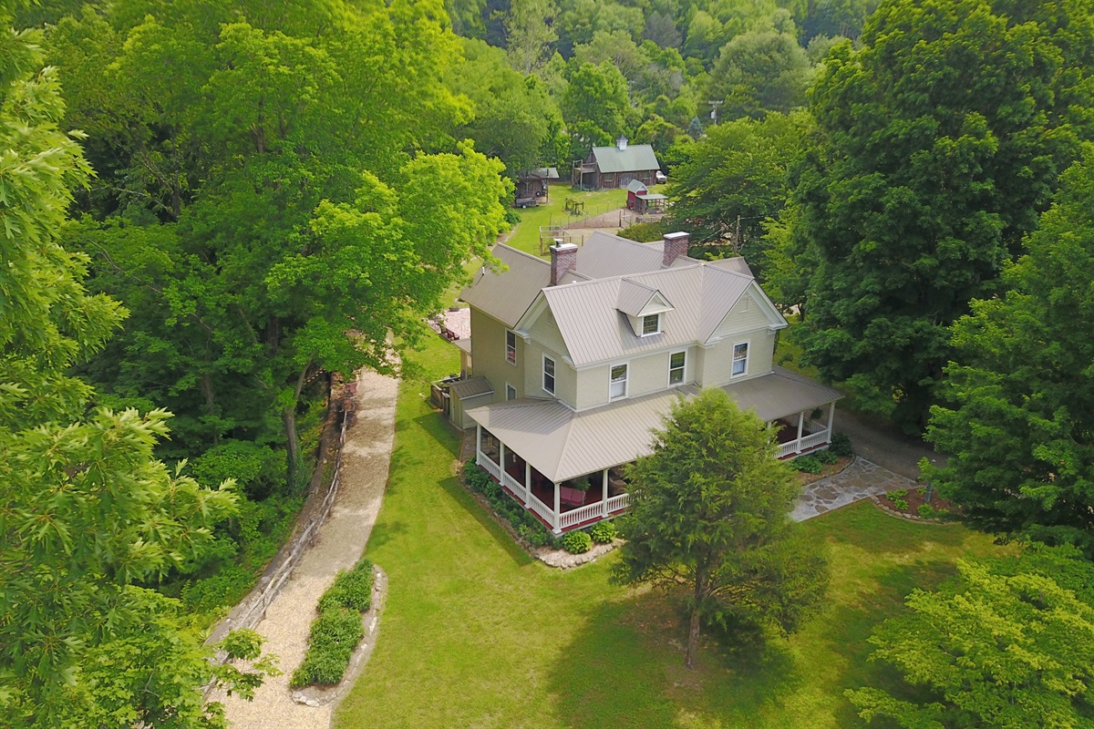 Aerial view of the Spring Creek Farmhouse property