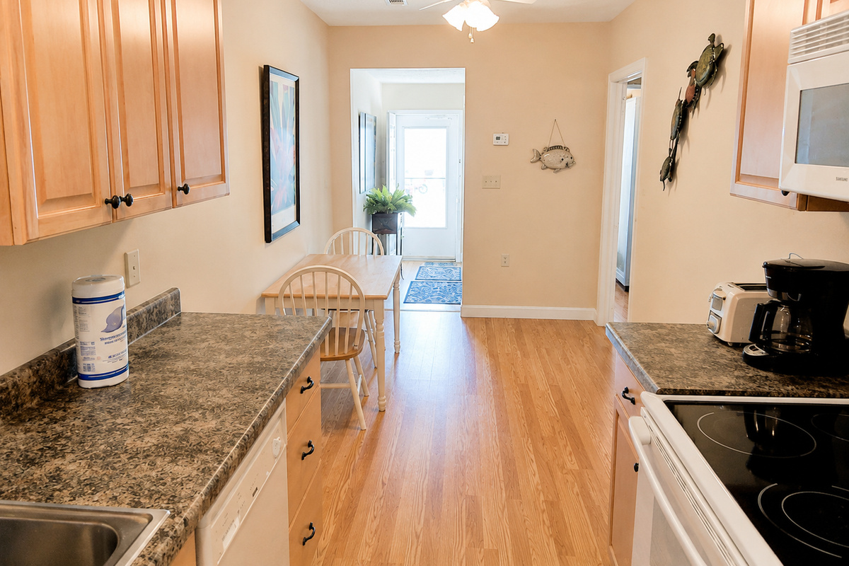 Gally kitchen next to living area
