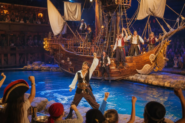AI-created pirate dinner-show illustration inspired by outings such as Pirates Voyage Dinner & Show. Not a specific performance. Tickets sold separately.