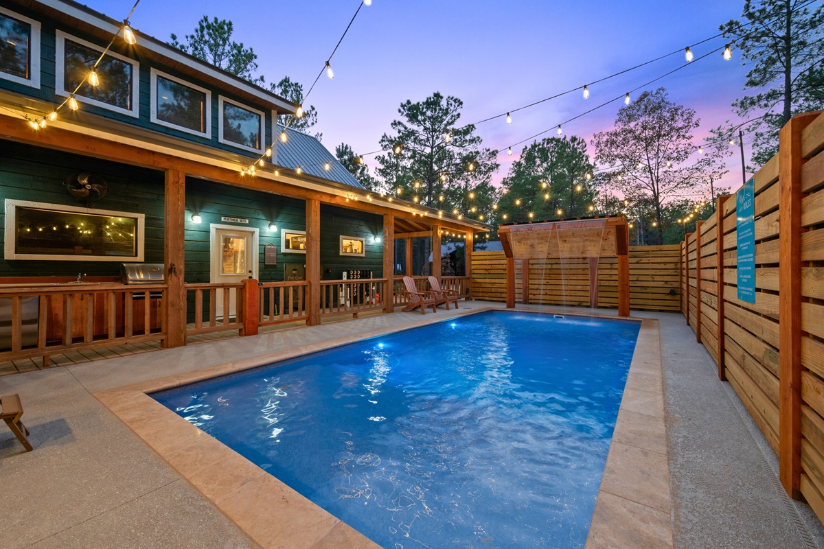 During the day, the pool becomes a cool escape where you can splash around, stretch out, or simply unwind beside the water.