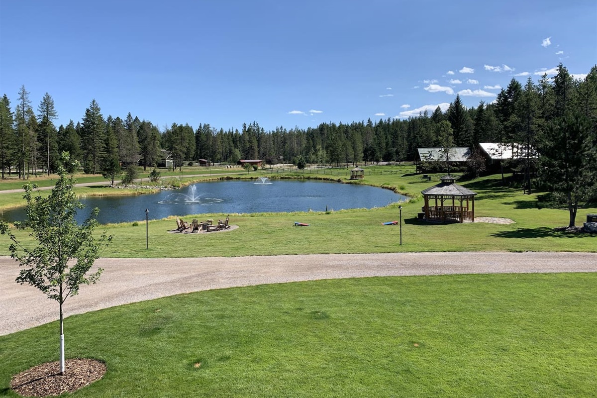 Gazebos, fire pit, front pond