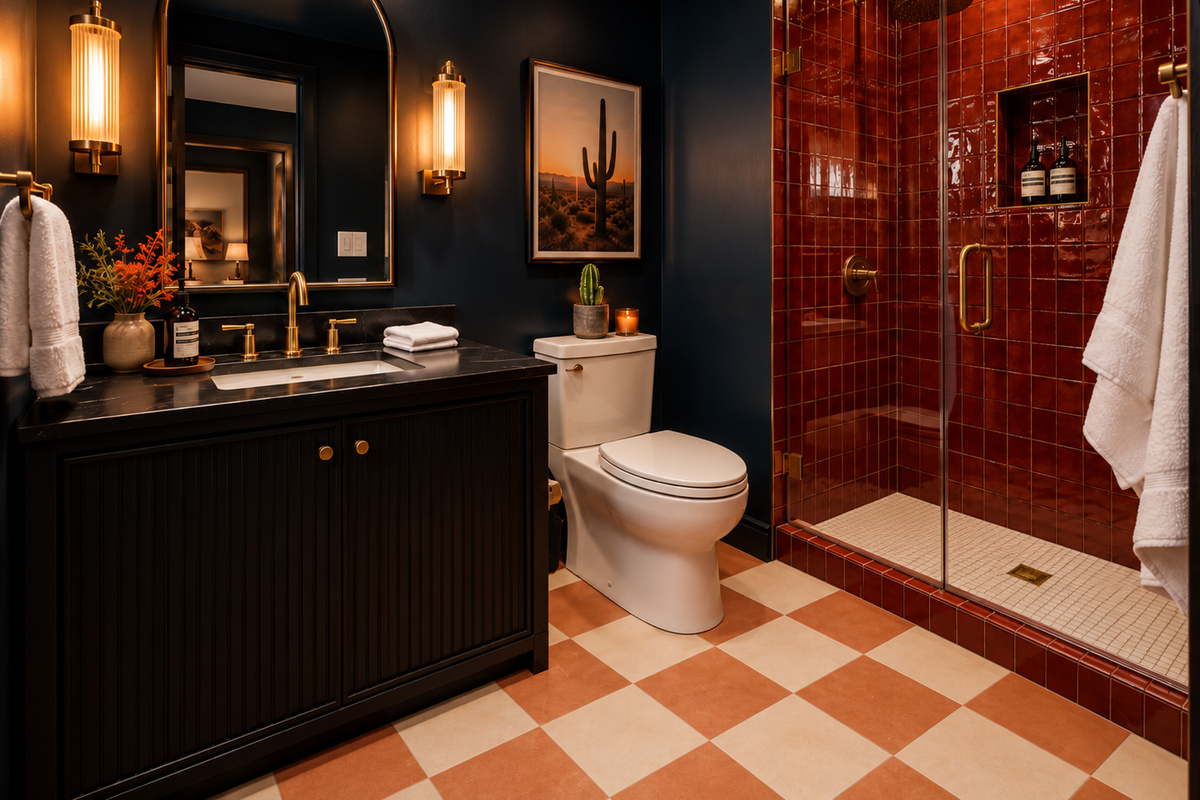 {Bathroom 5 | Ensuite} Moody Inkwell walls, rich red shower tile, playful terracotta-and-cream checkerboard floors, and warm brass accents make this private ensuite a little jewel box of its own.