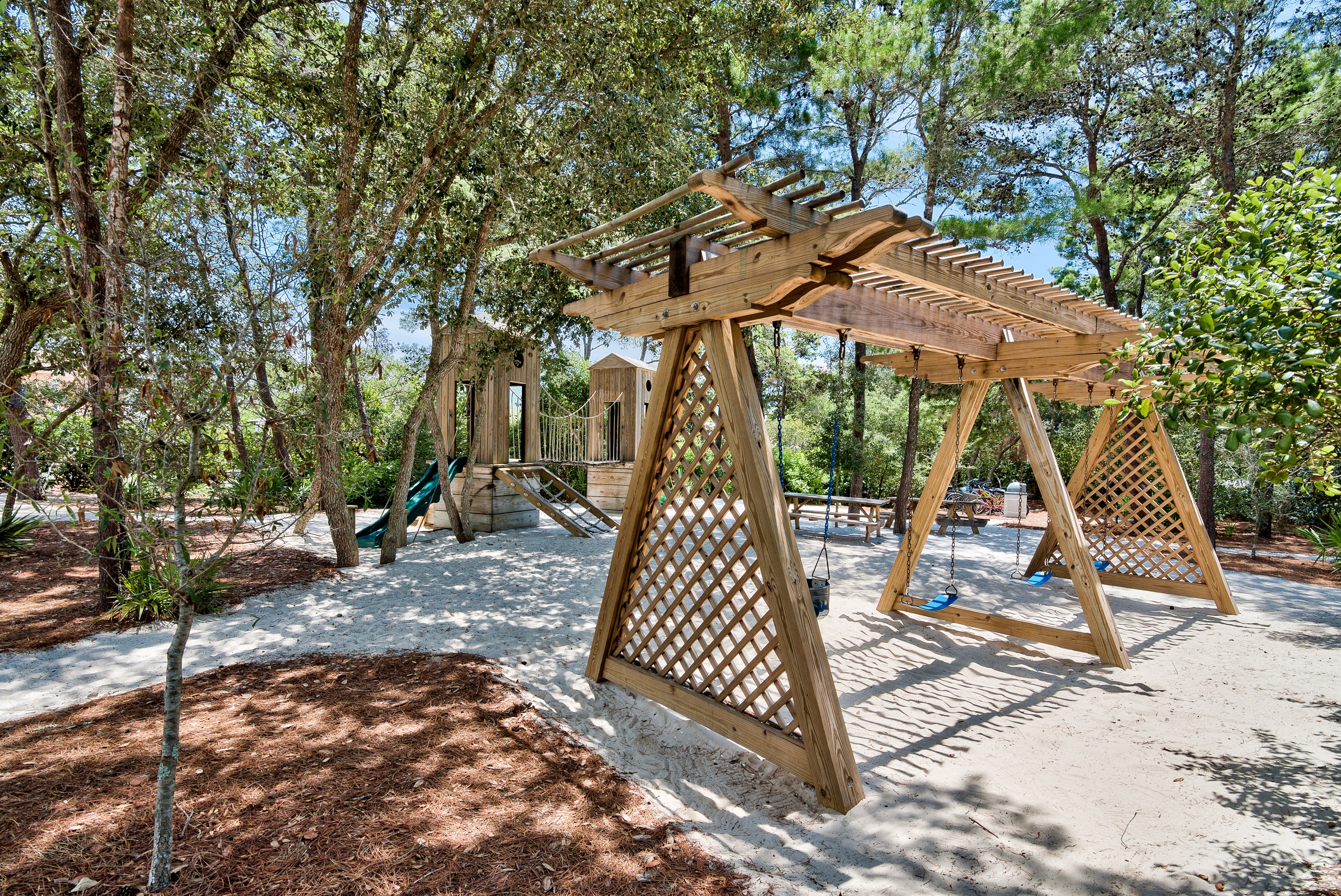 The playground is nestled in the park just across the street, perfect for small children to play while you cook dinner.