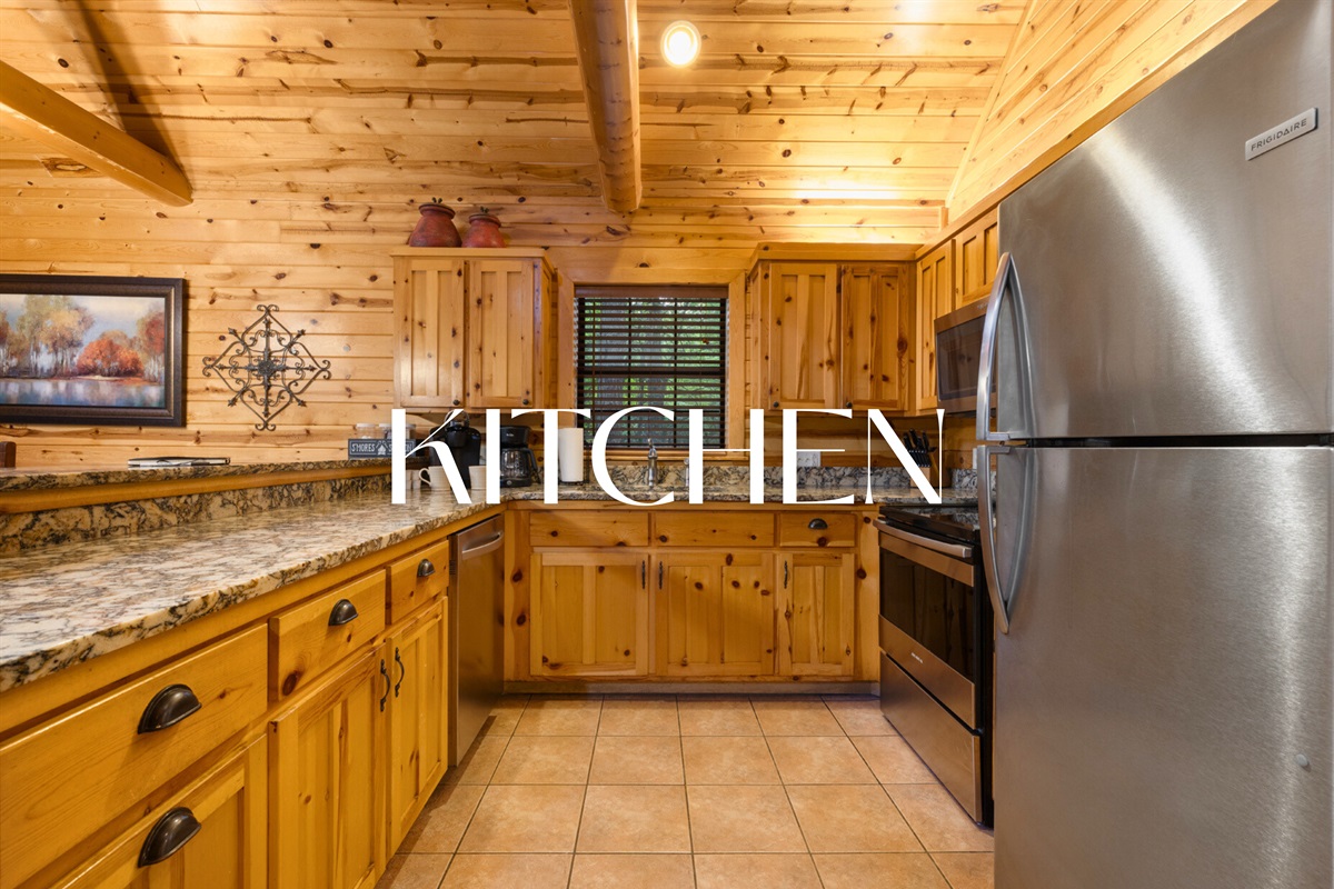 Rustic kitchen with modern appliances for home-cooked meals.